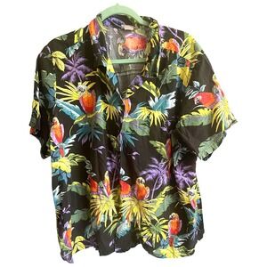 Puanani Black Hawaiian Men's Short Sleeve Button Down Shirt w. Tropical Parrots‎